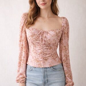 Free People Hilary Floral Ruched Long Sleeve Top Pink Brown NWT